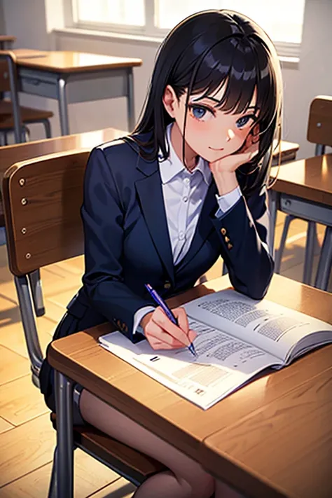 a primary school teacher sits at the table and checks notebooks in a spacious classroom