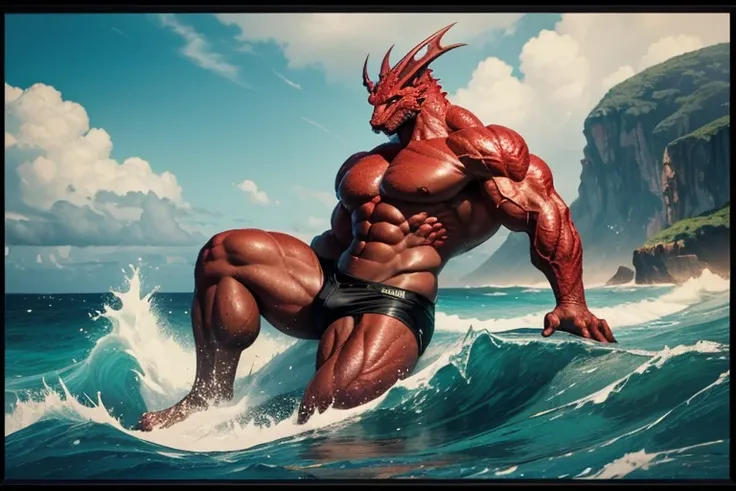 A red, male dragon-like creature lounges on a beach, boasting formidable scales, sharp claws, and a menacing visage. Its muscular physique is evident, sculpted arms, legs, and torso on display. Clad in black shorts, he faces a crashing ocean wave, framed b...