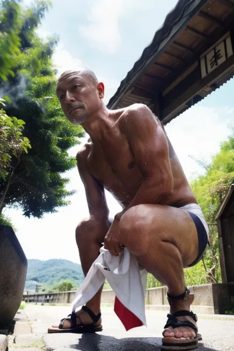 high quality,masterpiece,  cowboy shot,Front view,Exposure to the wild,looking at the viewer,squat,cross-eyed, (60歳male性、male,Bald,Japanese,White Fundoshi, sweat vapor,embarrassing, ),muscular butt,Women&#39;s stories