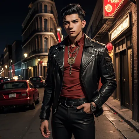 20 year old Latin skinned guy with black jacket red shirt lion print black pants Steampunk short black hair punk gothic chain looking straight at the viewer on a New Orleans night street background 