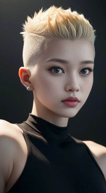 20 year old woman、blonde、(high top fade:1.3)、female soldier、dark theme、calm tone、calm colors、high contrast、(natural skin texture、hyper realism、soft light、sharp)