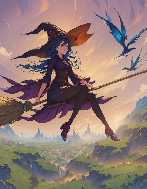 1girl, flying witch, (sit on a broom:1.5), witches flying in the sky with their brooms and hats, wraiths riding in the sky, sky witch, flying on the broom, rob rey, by Alexander Kucharsky, fantasy illustrations, fantasy illustration, wlop and rhads, flying...