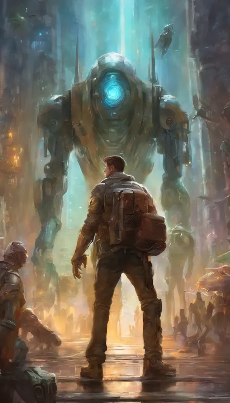 creates a perfect, realistic, and flawless image of a man in a futuristic city with robot zombies. observation shy image of good quality and good appearance, without imperfections