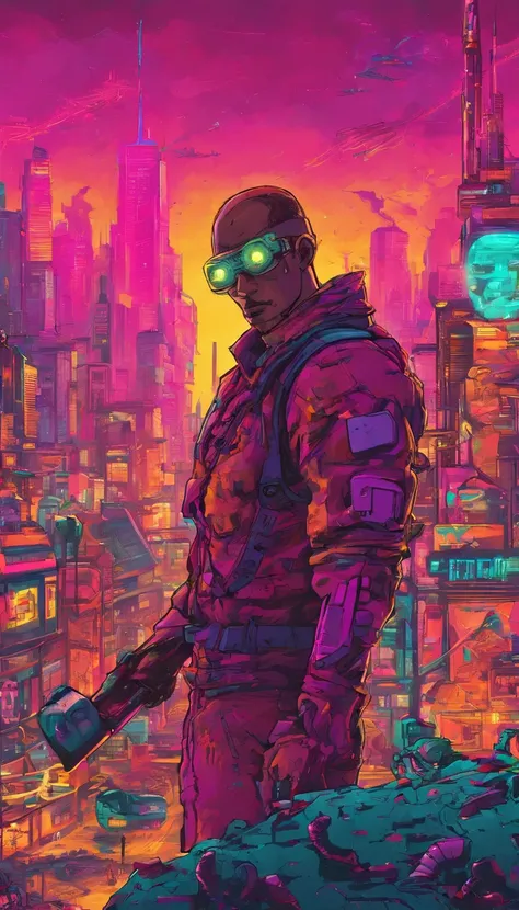 creates a perfect, realistic, and flawless image of a man in a futuristic city with robot zombies. observation shy image of good quality and good appearance, without imperfections