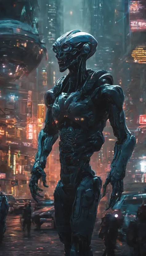 creates a perfect, realistic, and flawless image of a man in a futuristic city with robot zombies. observation shy image of good quality and good appearance, without imperfections