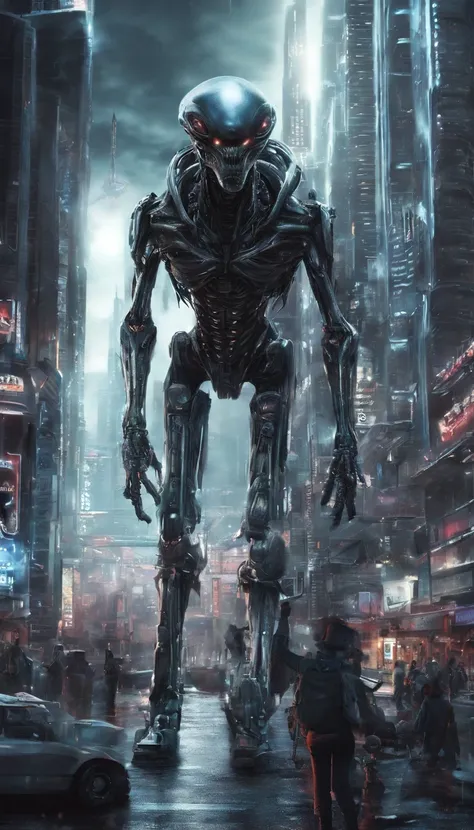 creates a perfect, realistic, and flawless image of a man in a futuristic city with robot zombies. observation shy image of good quality and good appearance, without imperfections