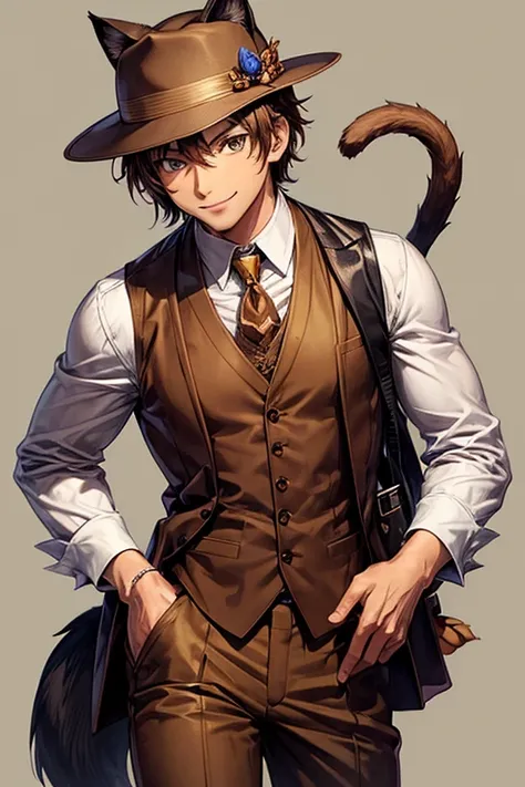 Man, anime, wearing a brown vest suit, has cat ears and tail, with brown hair and eyes, carrying a handgun, short hair style, tanned skin, best quality, wearing a fedora hat, smiling, vintage background, 