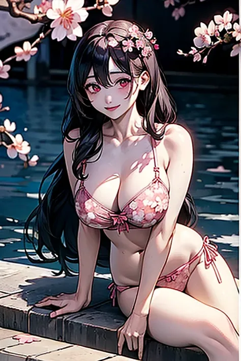 (((Black hair))), long hair, pink eyes, sexy, large breasts, beautiful body, masterpiece, smile, (((Cherry blossom print lingerie))), sexy lingerie, hotel swimming pool,busty, buxom, curvy, voluptuous