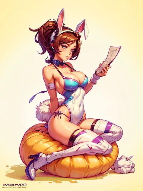 create a digital painting, 4k, best quality,SexyToon,a cartoon of a woman dressed as a bunny sitting on a pillow, pinup of marker from overwatch, overwatch marker in a bikini, fanart of bunny lola, marker in a skintight dress, a juicy human-like peach, cut...