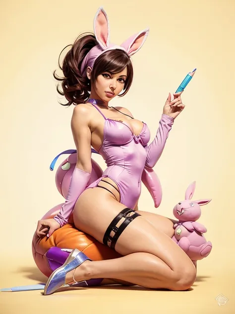 create a digital painting, 4k, best quality,SexyToon,a cartoon of a woman dressed as a bunny sitting on a pillow, pinup of marker from overwatch, overwatch marker in a bikini, fanart of bunny lola, marker in a skintight dress, a juicy human-like peach, cut...