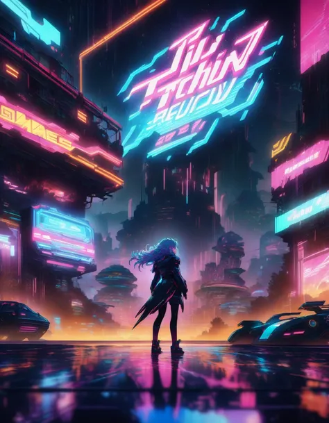 1girl, (((Futuristic, sci-fi, techy, cyberpunk))) ((((glowing neon lights)))), glitch art,  8-bit pixel art font, chunky, thick strokes, bright vivid neon colors, fantasy, magic, mist, creative, innovation ((inspired by Cyberpunk 2077 game, TRON movies, Bl...