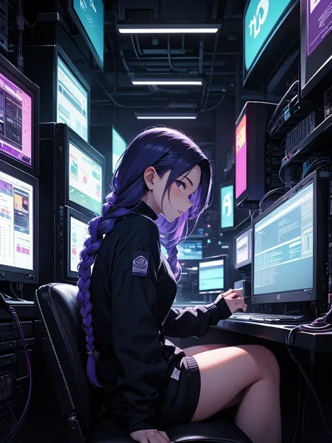 Very young girl, black mask, White skin, The code on, Hacker style, curve,sit on it、View from the side、deep purple, dark, braids, dark blue hair, cable, vintage, cyberpunk, Data center background, deep purple主题, night city