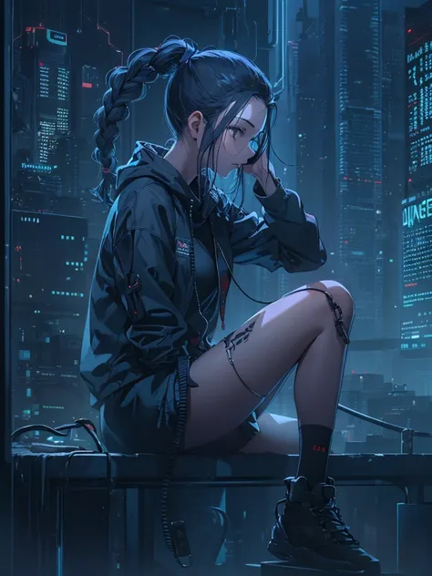 Very young girl, black mask, White skin, The code on, Hacker style, curve,sit on it、View from the side、deep purple, dark, braids, dark blue hair, cable, vintage, cyberpunk, Data center background, deep purple主题, night city