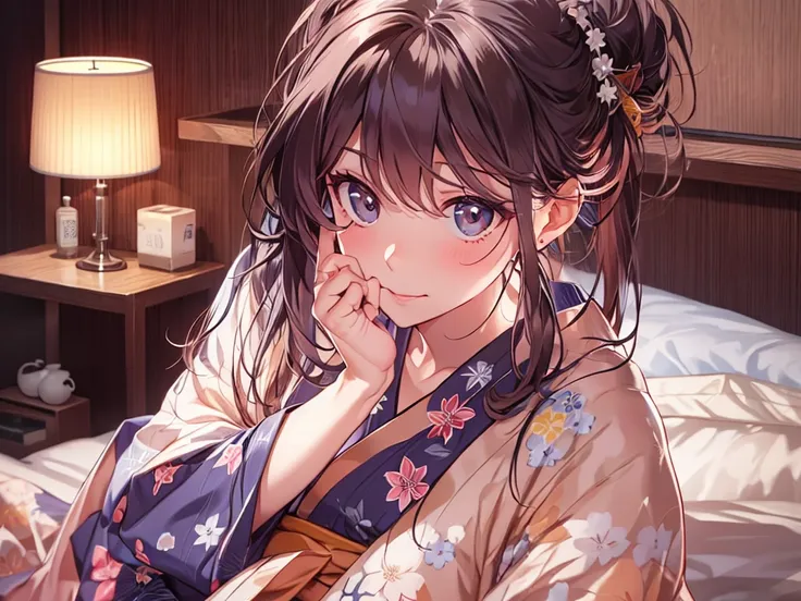 1 beautiful woman, seductive sexy, Alluring plumpness:1.3, Brunette, Straight-haired, pupils sparking, long upper eyelashes, (wearing yukata in hotel:1.5), Japanese-style rooms at the hotel, futon, seductive smile, light blush, ear blush, seductive express...