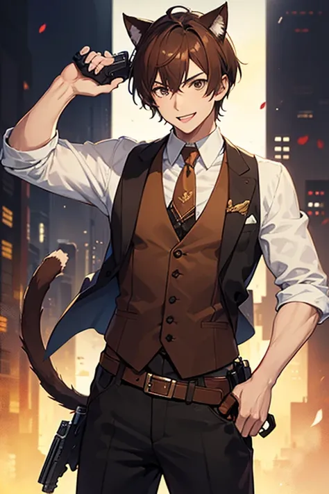 Man, anime, wearing a brown vest suit, has cat ears and tail, brown hair, brown eyes, has a gun holster on the belt with a handgun in it, short hair style, tanned skin, best quality, smiling, 1930s city background, 