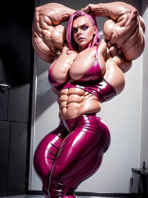 (1 girl), (cara delevingne), young girl, masculine physique, seductive face, seductive look, long pink hair, perfect muscular body, super skinny legs, latex pants, sissy, femboy, (huge muscular arms:1.25),