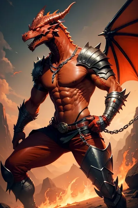 weredragon ,red dragonborn , red skin ,wings ,anthropomorphic ,wearing orange chainmail ,pants ,boots ,silver whip on waist, glowing orange ring on hand