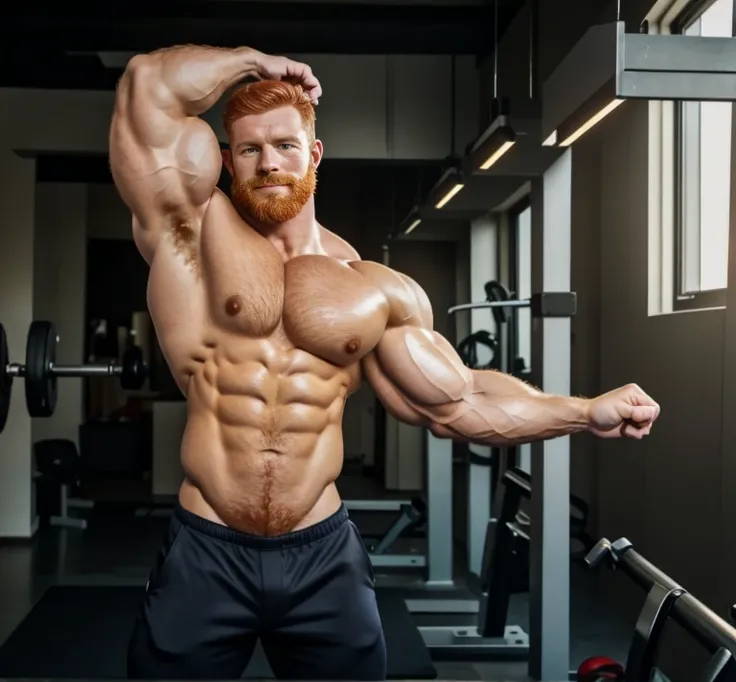 ginger daddy, (1boy), (soft smile), tan skin, (natural daylight:1.3), flexing biceps, perfect biceps, round biceps, arm flexed, bicep flexing pose, (good face:1.5), (male model:1.3), dimly lit, dark studio, matured man with a beard, ginger, bodybuilder com...