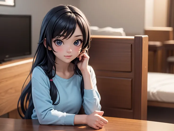 Anime girl with long hair and blue shirt posing for photo, Realistic animation3D风格, 3D animation realistic, Realistic animation, Realistic animation girl render, Smooth anime CG art, anime styled 3d, Realistic animation艺术风格, anime realism style, anime styl...