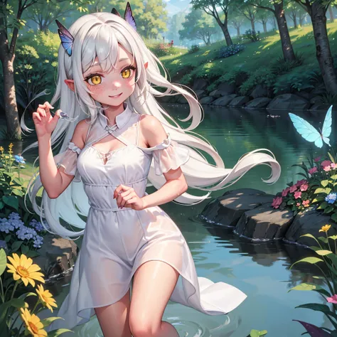 "(best quality,4k,8k,highres,masterpiece:1.2),ultra-detailed,(realistic:1.1),portrait,colorful lighting,kid,red skin,long white hair,yellow eyes,cute dress clothes,playful expression,garden,flowers,butterflies,toy train,sparkling eyes,sunshine,soft complex...