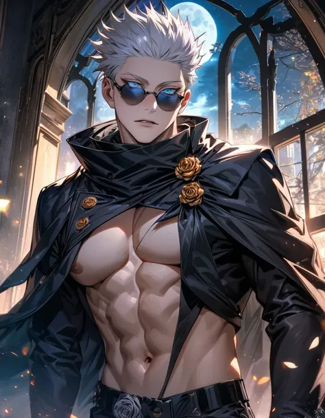 Ultra detailed, Highres, absurdres, HDR, white hair, Gojou Satoru, blue eyes, black gloves, black round sunglasses, black cape, bare chest, prince cool clothes, 1 man, moon, window, roses, handsome, jujutsu kaisen,