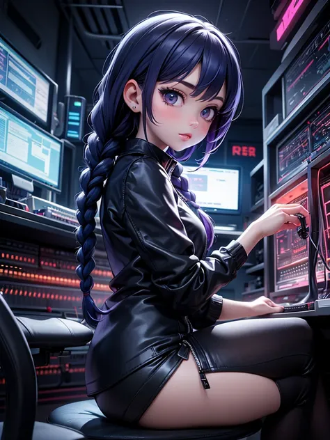 Very young girl, black mask, White skin, The code on, Hacker style, curve,sit on it、View from the side、deep purple, dark, braids, dark blue hair, cable, vintage, cyberpunk, Data center background, deep purple主题, night city