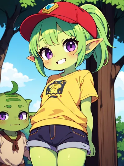 1girl, (young), (chibi), ((goblin girl)), ((green skin)), purple hair, (short hair), messy hair, ponytail, big eyes, purple eyes, smile, teeth, yellow shirt, brown shorts, sandals, arms behind back, ((cowboy shot)), trees, blue sky, best quality, (fantasy)...