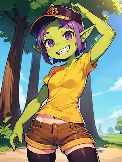 1girl, (young), (chibi), (goblin girl), ((pointy ears)), ((green skin)), purple hair, (short hair), messy hair, ponytail, big eyes, purple eyes, smile, teeth, yellow shirt, brown shorts, sandals, arms behind back, ((cowboy shot)), trees, blue sky, best qua...