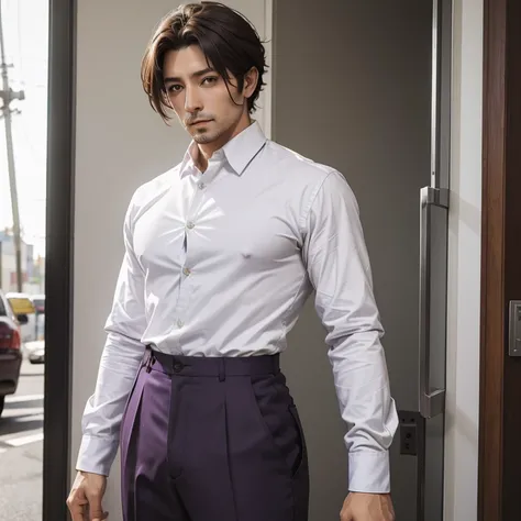 40year old man brown short hair, purple eyes, strong build, high waist pants, white shirt with long sleeves