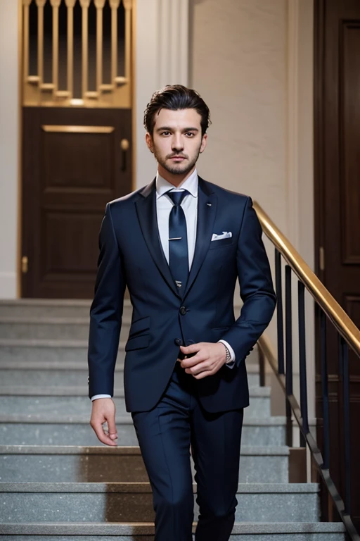 Man in suit and tie standing on stairs, wearing a business suit, wearing a business suit, wearing a suit and tie, Katzper Nikolchik, professional photos, artem, wearing a dark blue suit, handsome and elegant, Written by Roman Brook, wearing a strict suit, ...