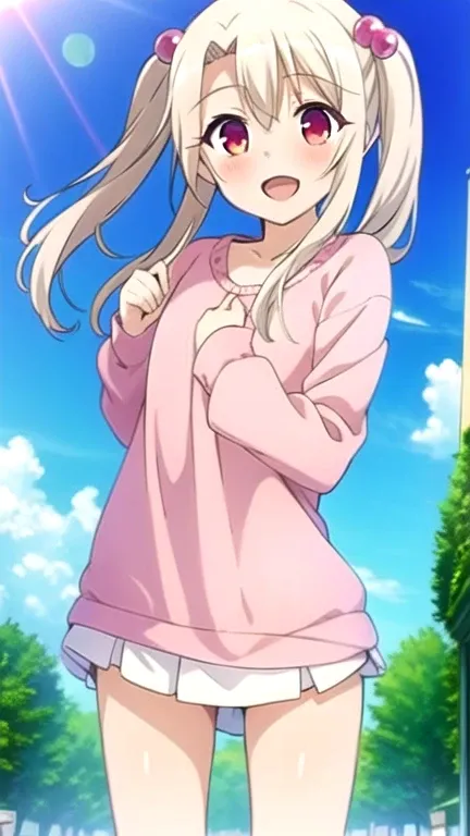 (obra maestra, Mejor calidad:1.2), 1girl, solo, long hair, looking at viewer, blush, smile, open mouth, blonde hair, hair ornament, red eyes, long sleeves, twintails, white hair, outdoors, sky, sweater, two side up, hair bobbles, anime coloring 