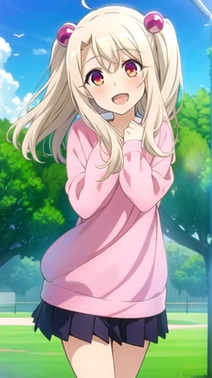 (obra maestra, Mejor calidad:1.2), 1girl, solo, long hair, looking at viewer, blush, smile, open mouth, blonde hair, hair ornament, red eyes, long sleeves, twintails, white hair, outdoors, sky, sweater, two side up, hair bobbles, anime coloring 