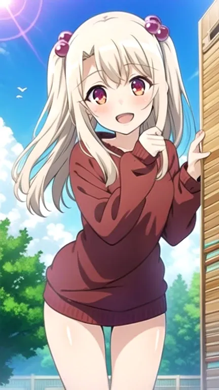 (obra maestra, Mejor calidad:1.2), 1girl, solo, long hair, looking at viewer, blush, smile, open mouth, blonde hair, hair ornament, red eyes, long sleeves, twintails, white hair, outdoors, sky, sweater, two side up, hair bobbles, anime coloring 