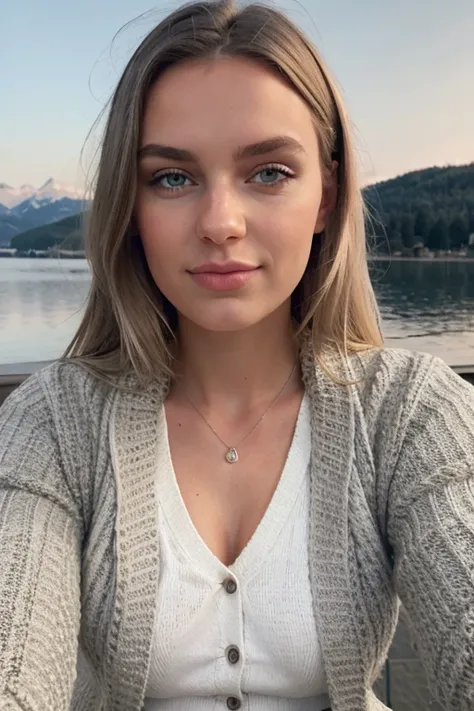 foto de instagram de alta calidad, closeup of a 20 year old scandinavian girl, rubia, sexy, de corta altura, ojos gris avellana, cuerpo recostado boca arriba, white blazer white pants black sweater, en yate con fondo de lago, larger head and short torso, 