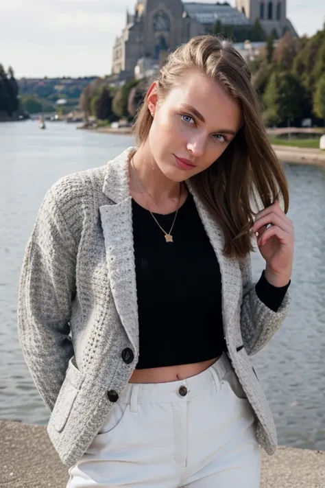 foto de instagram de alta calidad, closeup of a 20 year old scandinavian girl, rubia, sexy, de corta altura, ojos gris avellana, cuerpo recostado boca arriba, white blazer white pants black sweater, en yate con fondo de lago, larger head and short torso, 