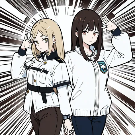 estilo: My hero academia 
color de ojo:dorado
cabello:long brown with skin-colored bangs:blanca
joven mujer
cuerpo completo 
uniforme 