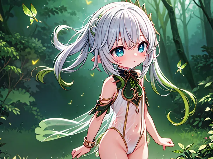 see-through thong leotard, full body, magical night forest scene, fireflies everywhere, training with worn out clothes and some tears , realistic, 3D, best quality, masterpiece, taimanin,