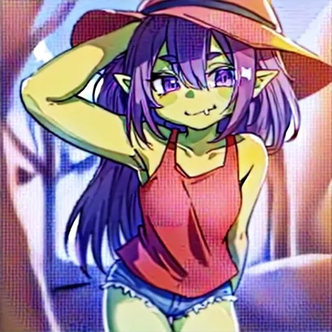 (masterpiece), best quality, expressive eyes, perfect face, 1girl, (young), (chibi), flat, (goblin girl), ((pointy ears)), ((green skin)), purple hair, (short hair), (messy hair), (ponytail), big eyes, purple eyes, smile, yellow tank-top, brown shorts, arm...