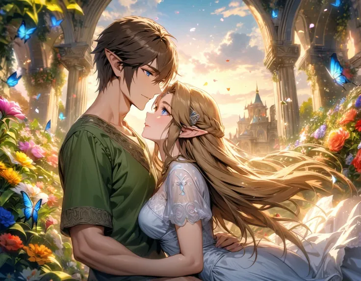 absurdres, highres, ultra detailed, HDR), masterpiece, vibrant blue eyes, Link, dark brown short hair, hair between the eyes, green tunic, The legend of zelda twilight princess, Princess Zelda, dark brown long hair, purple and white dress, a handsome man t...