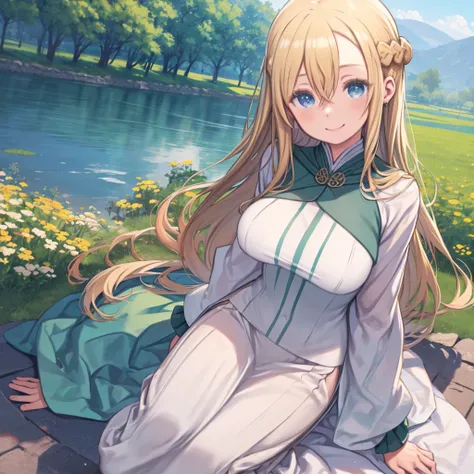 masterpiece, highest quality, Medium wide shot、cowboy shot、 1 mature woman、(mint, blue eyes, braid、long blonde hair、hair between eyes)、big breasts、Green uniform, long sleeve、sit on a bench、smiling、tilting the head、Flower field in the background、blue sky、