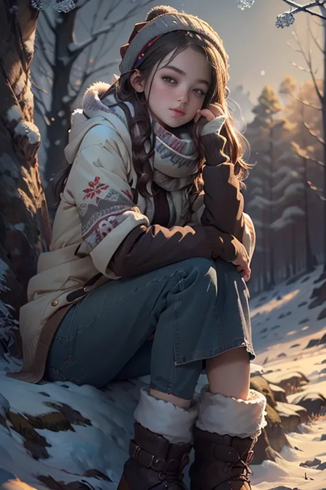 Sweet girl winter outfit, (detailed eyes), girl posing sitting for a photo, Perfect proportions, extra cuteness, Definition and sharpness of textures, White balance, Full Body Shot, under a tree on a hill, (winter background:1.8), (Photorealistic:1.4), (Hi...