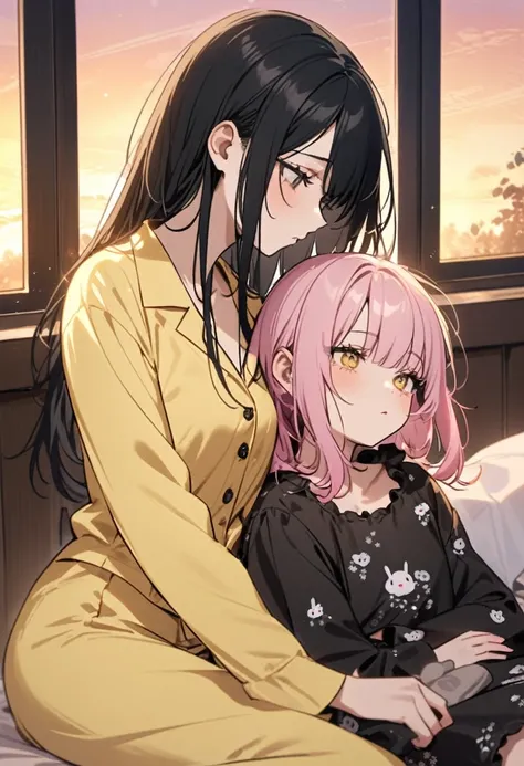 a goth women, black hair, wearing a black pajamas with little white skulls, and a girl with light pink hair, wearing a pastel yellow pajamas with small print of little pink rabbits, they are sleepy, bed, a window catching the sunset light 