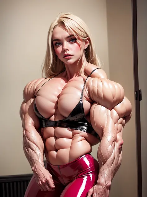 (1 girl), (cara delevingne), young girl, masculine physique, seductive face, seductive look, long pink hair, perfect muscular body, super skinny legs, latex pants, sissy, femboy, (huge muscular arms:1.25),