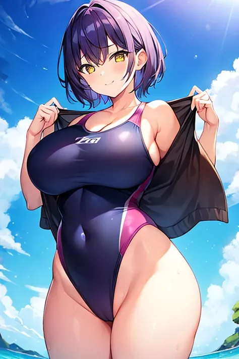 1girl, large breasts, breasts, wide hips, thick thighs, purple hair, short hair, very short hair, yellow eyes, one-piece swimsuit, blue swimsuit, competition swimsuit, black one-piece swimsuit, light smile, smile