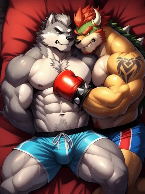 Duo male fighters(Bowser vs Gray Wolf, handsomes, perfect eyes, Thick eyebrows), beso gay(Cuddling lying down embraced in a bed match), hot(Full body, shirtless), handsomes(They are handsomes, correct anatomy), musculosos(Big muscle bodies, Six packs, musc...