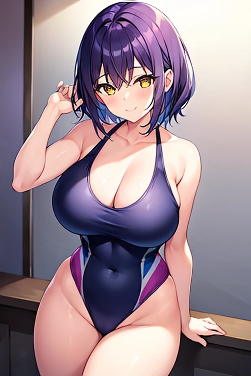 1girl, large breasts, breasts, wide hips, thick thighs, purple hair, short hair, very short hair, yellow eyes, one-piece swimsuit, blue swimsuit, competition swimsuit, black one-piece swimsuit, light smile, smile