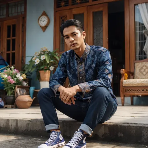 seorang pria indonesia umur 30 tahun kulit sawo matang memakai batik biru tua celana jeans sepatu converse memakai peci songkok kopyah warna biru tua berada di depan rumah suasana hari raya idul fitri lebaran hd