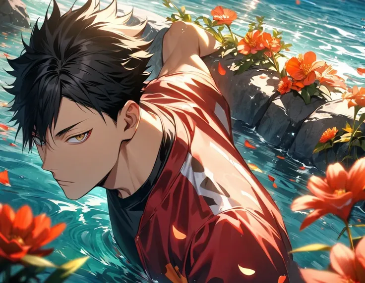 Ultra detailed, highres, absurdres, HDR, Kuroo Tetsurou, black hair, golden eyes, Haikyuu, red jacket, 1 man only, handsome, black tight t-shirt, summer, water, flowers and petals,