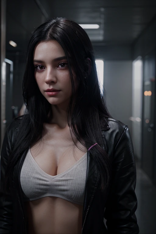 a young woman with long black hair, violet eyes, unreal engine, ultrarealistic