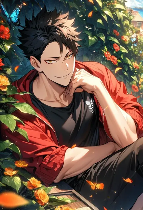 Ultra detailed, highres, absurdres, HDR, Kuroo Tetsurou, black hair, golden eyes, Haikyuu, smirking, red jacket, 1 man only, handsome, black tight t-shirt, summer, black pants, flowers and petals, green leaves, butterflies